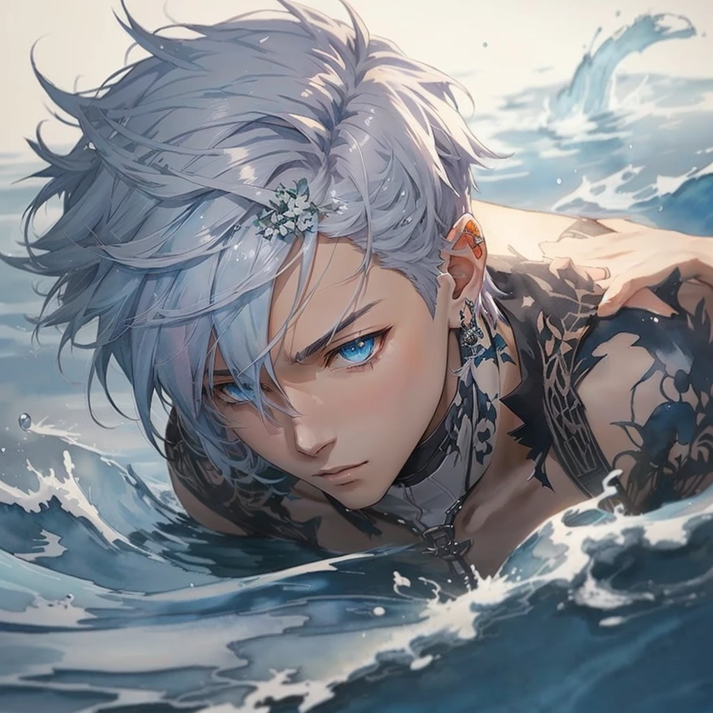 anime, anime boy, water, water, watercolor, watercolor, watercolor, watercolor, watercolor, watercolor, watercolor, watercolor, handsome guy in demon slayer art, clean detailed anime art, detailed anime character art, detailed digital anime art, male anime character, wallpaper anime blue water, male anime style, anime boy, trending anime art, trending on artstation pixiv, in the style of guweiz