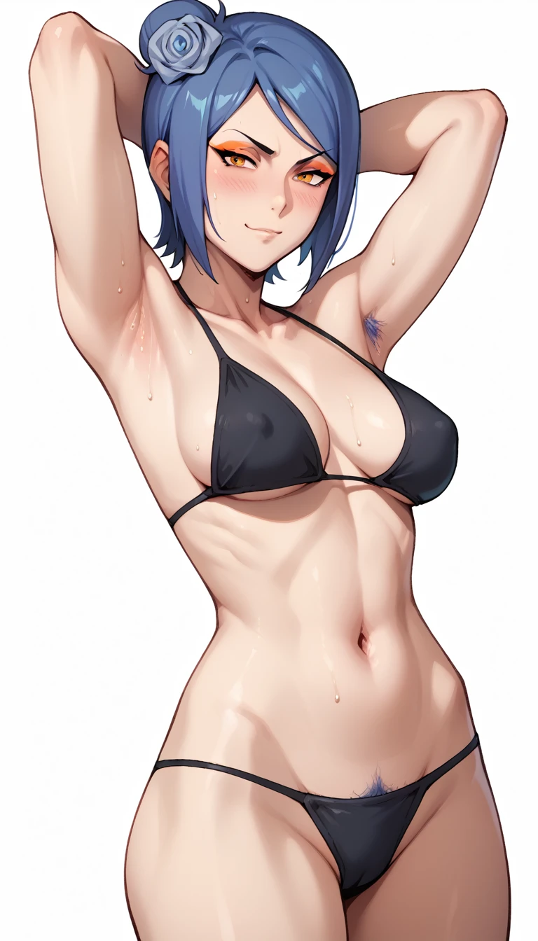 nsfw, +18, solo, 1girl, milf, tall, KonanNSHXL, makeup, orange eyes, blue hair, short hair, single hair bun, hair flower, medium breasts, black bikini, serious, smug, sweaty, blush, showing her hairy armpits, armpits focus