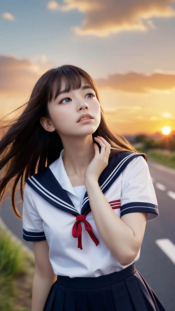 (Dressed in a white sailor uniform with a black collar and black skirt with red trim、Close-up portrait of a girl with long light brown wavy hair:1.5)、(A girl looking up at the sky with a sad face on a Japanese country road:1.5)、(Blurry background:1.5)、(red sky at sunset:1.5)、(Perfect Anatomy:1.3)、(complete hands:1.3)、(complete fingers:1.3)、Photorealsitic、Raw photography、masutepiece、top-quality、hight resolution、delicate and pretty、face perfect、Beautiful detailed eyes、Fair skin、Real Human Skin、((thin legs))、(Dark hair)