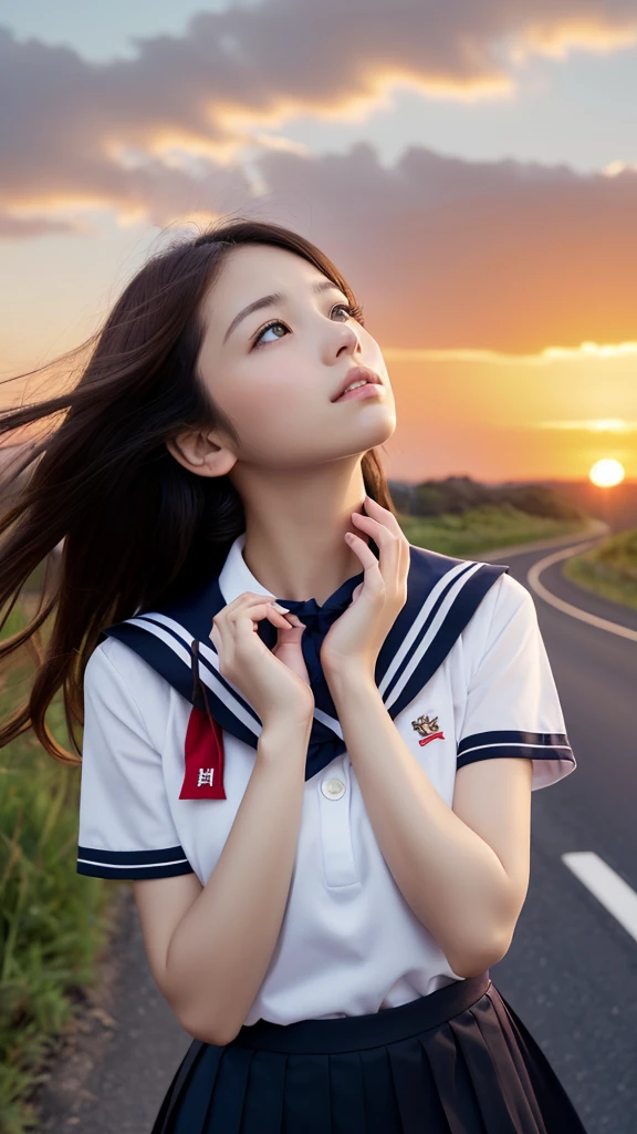 (Dressed in a white sailor uniform with a black collar and black skirt with red trim、Close-up portrait of a girl with long light brown wavy hair:1.5)、(A girl looking up at the sky with a sad face on a Japanese country road:1.5)、(Blurry background:1.5)、(red sky at sunset:1.5)、(Perfect Anatomy:1.3)、(complete hands:1.3)、(complete fingers:1.3)、Photorealsitic、Raw photography、masutepiece、top-quality、hight resolution、delicate and pretty、face perfect、Beautiful detailed eyes、Fair skin、Real Human Skin、((thin legs))、(Dark hair)