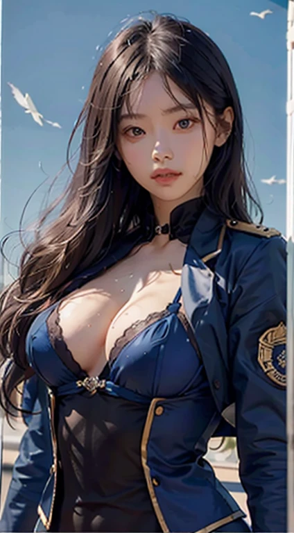 (UHigh resolution, retina, masterpiece, Accurate, Anatomically correct, Textured skin, Super detailed, Attention to detail, high quality, 最high quality, High resolution, 1080P, High resolution, 4K, 8K, 16K), (美しいAttention to detail目, Beautiful lip detail, Highly detailed eyes and face), Studio Lighting, Physically Based Rendering, Vibrant colors, (Large Breasts, Glamorous Body), (Royal Blue Color, navy uniform coat, class seal:1.5), (hunting:1.2), Business shirts, gloves, (Portraiture, Shiny Hair, Shiny skin, blush, Hair blowing in the wind), (Simple Background, Bokeh:1.5), Eye Reflexes, Jet Black Hair,