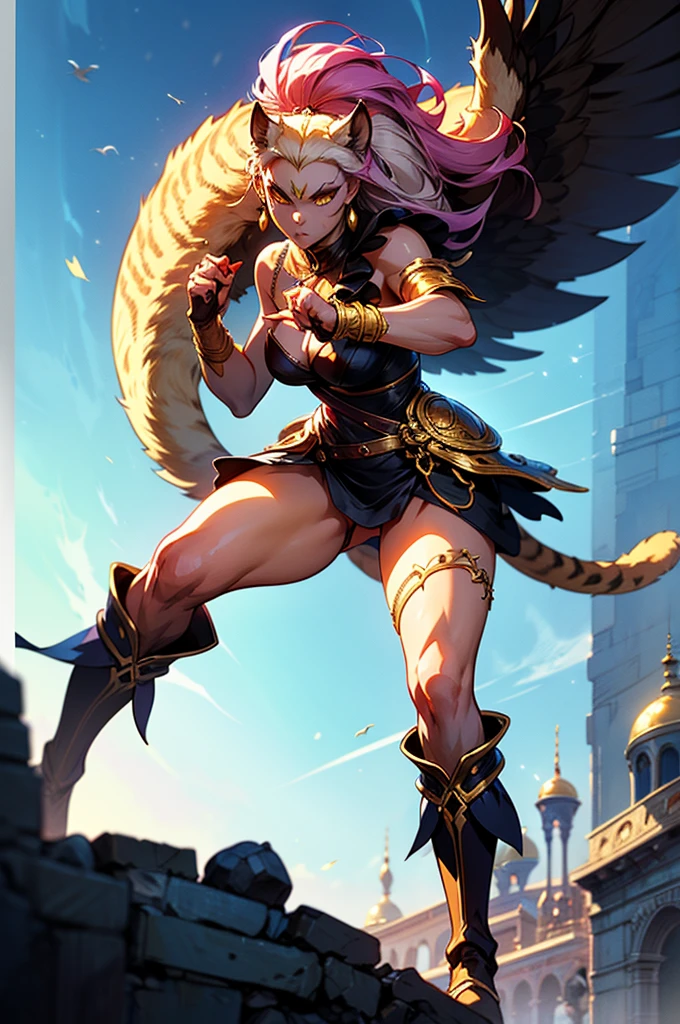 There is lost coliseum there stand female lioness in battle stance, she have ebony colour skin beautiful yellow cat eyes dark gold eyeshadows make up, ring style earrings, her hair is purple with pink highlights . she dressed in white neather topic with golden parts on countures also short and white leather straps on her cat legs instead of boots, her hands have hude ruby claws on her fingers, (ultra high quality fantasy art, anime fantasy style, masterpiece, ultra high quality character design, 8k quality anime art, realistic anime art, top quality wallpaper illustration, detailed ultra high quality accurate face, high quality design and accurate physic)
