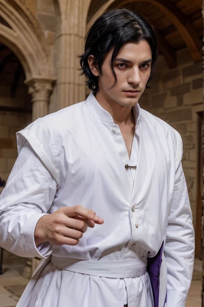 a man with black hair and purple eyes using a full white tuxedo on medieval set