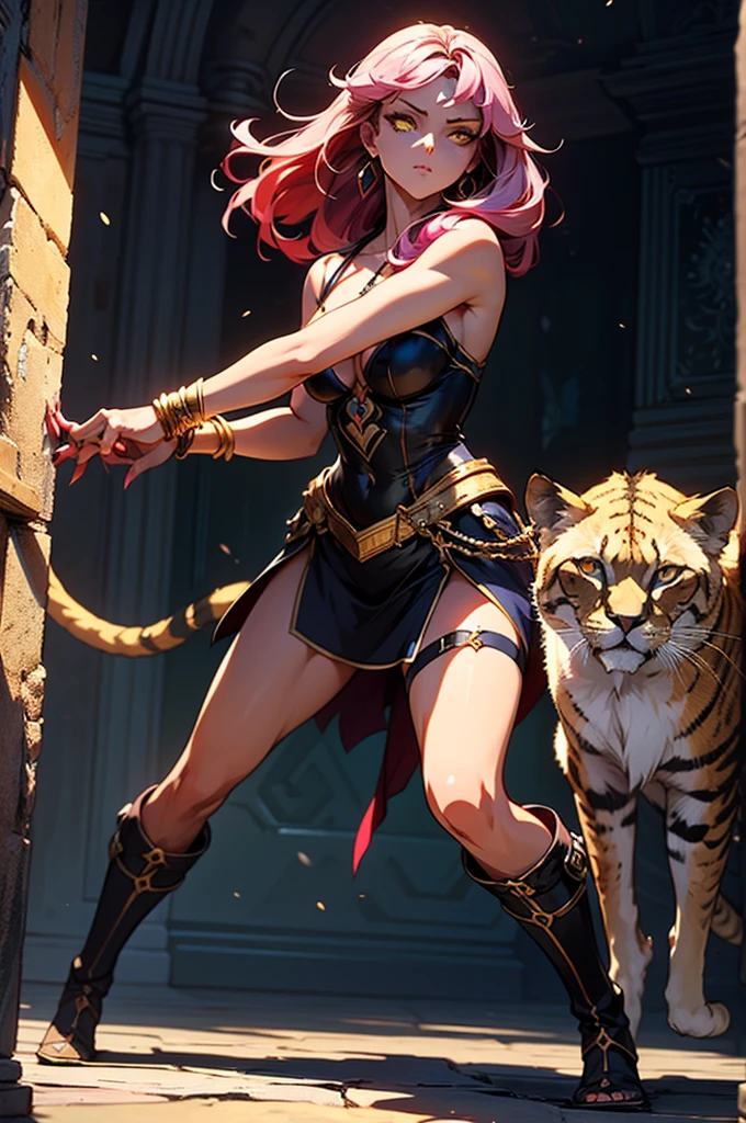 There is lost coliseum there stand female lioness in battle stance, she have ebony colour skin beautiful yellow cat eyes dark gold eyeshadows make up, ring style earrings, her hair is purple with pink highlights . she dressed in white neather topic with golden parts on countures also short and white leather straps on her cat legs instead of boots, her hands have hude ruby claws on her fingers, (ultra high quality fantasy art, anime fantasy style, masterpiece, ultra high quality character design, 8k quality anime art, realistic anime art, top quality wallpaper illustration, detailed ultra high quality accurate face, high quality design and accurate physic)