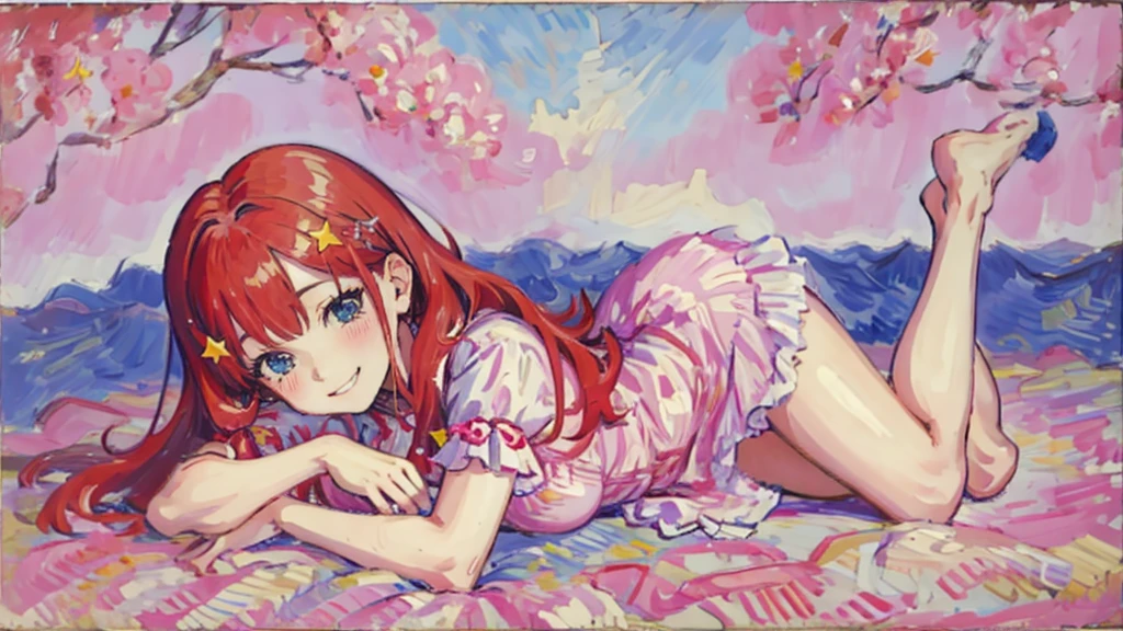 ((best quality)), ((masterpiece)), (detailed), perfect face, 1girl, nakano itsuki, smiling, whimsical, triad color pallette, hugging knees, looking at viewer, pink water droplets, smiling, flat colouring, full body, blank space on the left, fluffy red hair, star hairclips