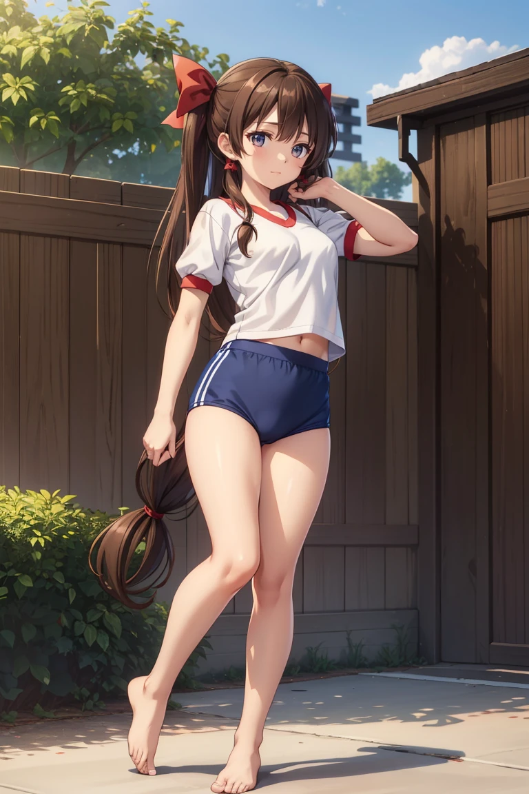 Reimu Hakurei, (Brown eyes:1.5), Brown Hair, bow, hair bow, Hair Tube, Long Hair, red bow, Side Lock, (((Slender body)))、(Navy blue cuffs and white short-sleeved gym uniform)、(Navy Blue Bloomers)、(
barefoot)、Navy blue socks、sports boots、Ground、Schoolyard、Sexy pose、
BREAK Watch Viewers,blush、
Full Body Shot,Smile Break (masterpiece:1.2), Highest quality, High resolution, unity 8k wallpaper, (figure:0.8), (Beautiful attention to detail), Highly detailed face, Perfect lighting, Highly detailed CG, (Perfect hands, Perfect Anatomy)
