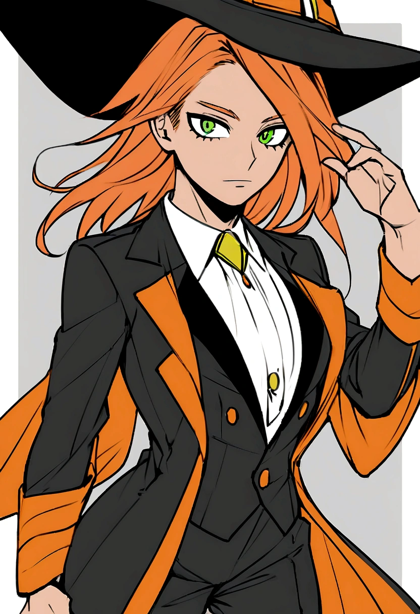 HERO COSTUME BASED ON BOKU NO HERO ACADEMIA, must look like a magician. It should be a masculine suit for a slim body. Includes a witch hat. The model must have orange hair, light skin and green eyes. THE MODEL MUST BE A MALE. do not include layer.