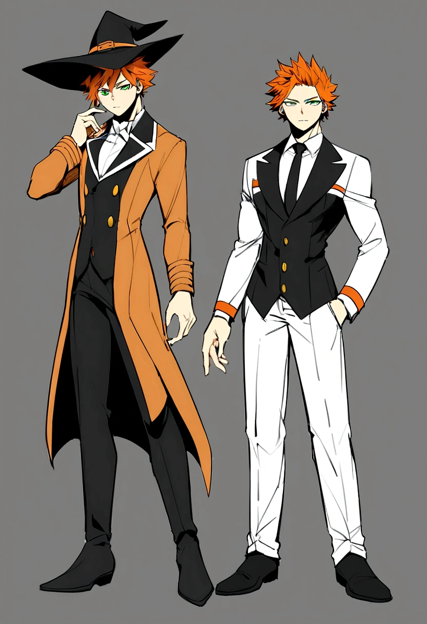 HERO COSTUME BASED ON BOKU NO HERO ACADEMIA, must look like a magician. It should be a masculine suit for a slim body. Includes a witch hat. The model must have orange hair, light skin and green eyes. THE MODEL MUST BE A MALE. do not include layer.