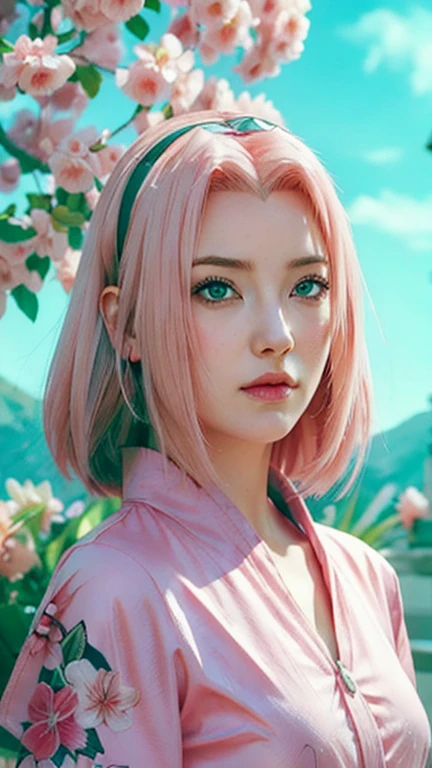 young woman pale skin, long bubblegum pink hair, pink eyebrows, big jade green eyes, buttoned nose, peach lips, small breasts, wide forehead, flower and butterfly kimono, Sakura Haruno, realistic, 3d
