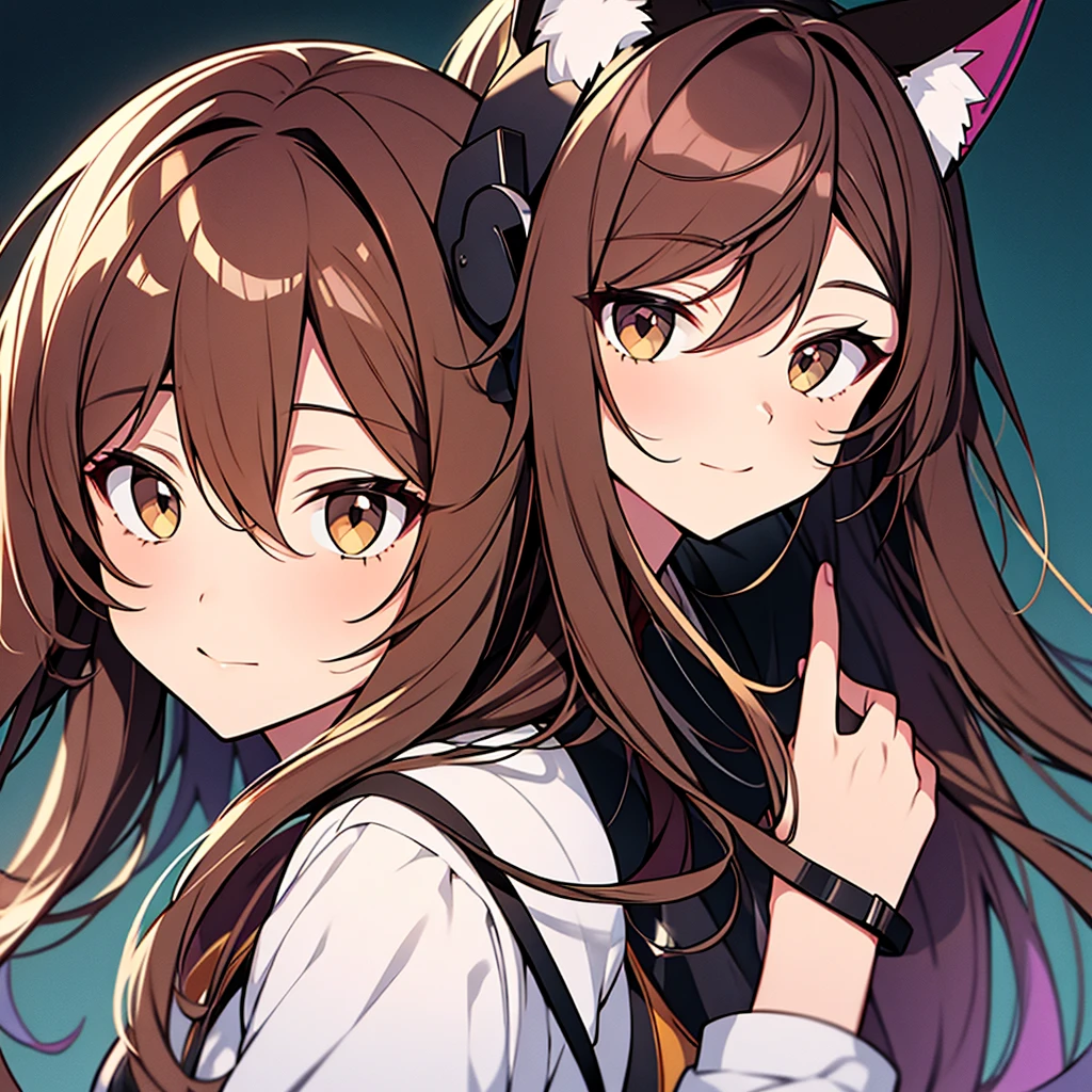 create an anime style image of one with brown hair with lavender highlights and black eyes and yellow cat ear headphones