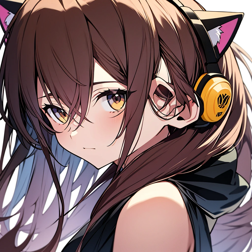 create an anime style image of one with brown hair with lavender highlights and black eyes and yellow cat ear headphones