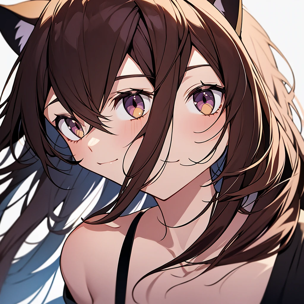 create an anime style image of one with brown hair with lavender highlights and black eyes and yellow cat ear headphones