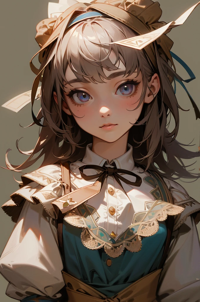 One girl, masterpiece, Highest quality, 8K, Detailed skin texture, Detailed cloth texture, Beautifully detailed face, Intricate details, Super detailed, Alice in Wonderland, (A ribbon on her head:1.1), Upper Body
