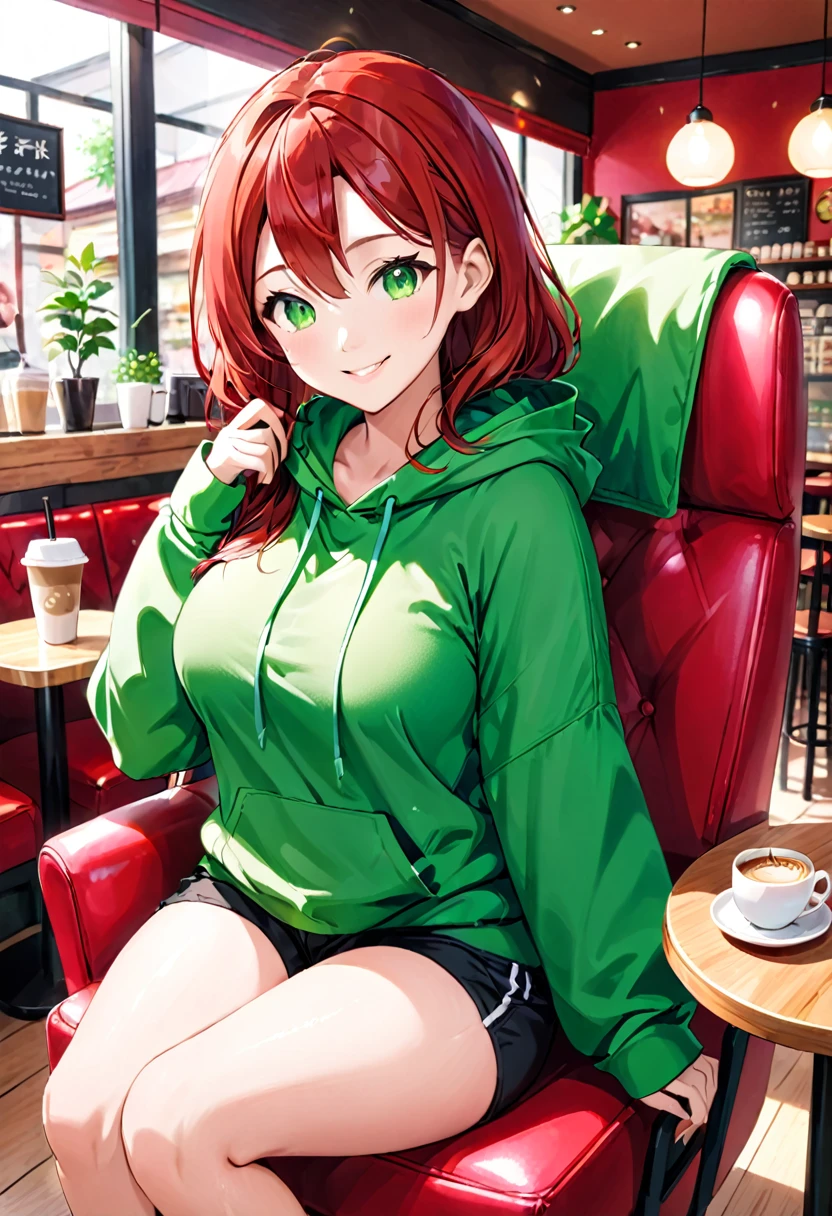 Pretty asian woman, bright red hair, green eyes, busty, black shorts and a green hoodie, cute, sitting in a big chair. Anime style, coffee shop environment, pretty smile