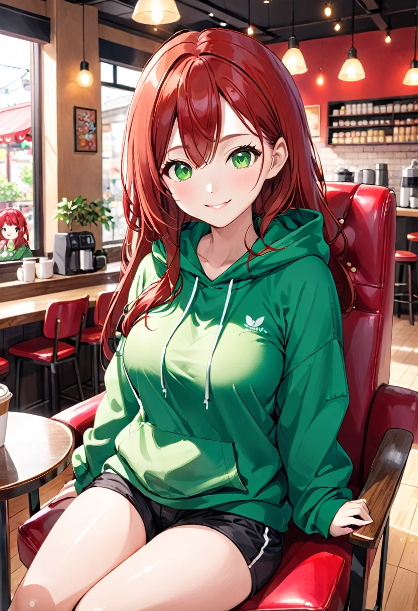 Pretty asian woman, bright red hair, green eyes, busty, black shorts and a green hoodie, cute, sitting in a big chair. Anime style, coffee shop environment, pretty smile