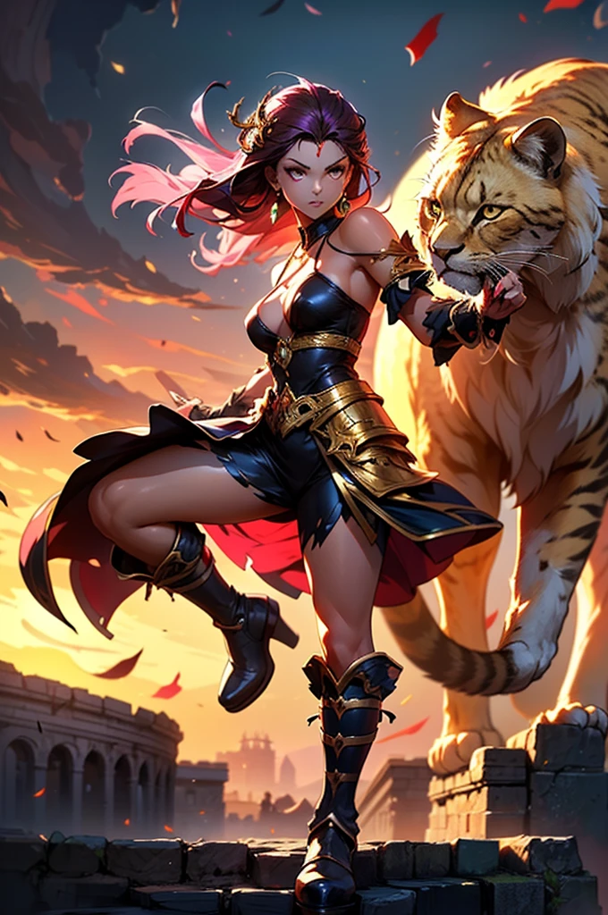 There is lost coliseum there stand female lioness in battle stance, she have ebony colour skin beautiful yellow cat eyes dark gold eyeshadows make up, ring style earrings, her hair is purple with pink highlights . she dressed in white neather topic with golden parts on countures also short and white leather straps on her cat legs instead of boots, her hands have hude ruby claws on her fingers, (ultra high quality fantasy art, anime fantasy style, masterpiece, ultra high quality character design, 8k quality anime art, realistic anime art, top quality wallpaper illustration, detailed ultra high quality accurate face, high quality design and accurate physic)