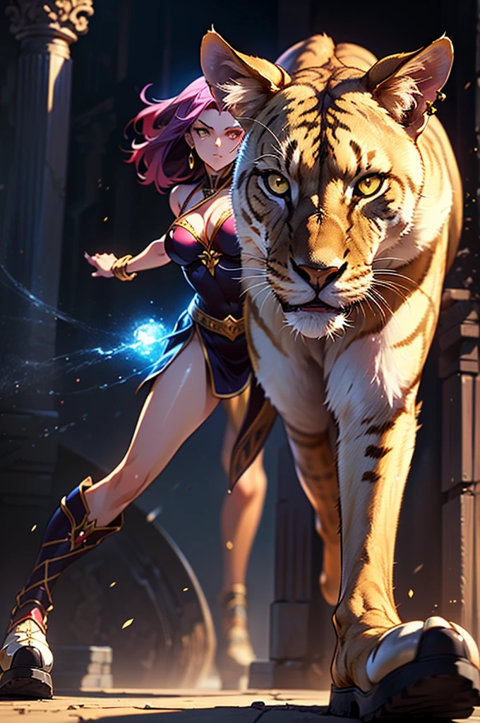 There is lost coliseum there stand female lioness in battle stance, she have ebony colour skin beautiful yellow cat eyes dark gold eyeshadows make up, ring style earrings, her hair is purple with pink highlights . she dressed in white neather topic with golden parts on countures also short and white leather straps on her cat legs instead of boots, her hands have hude ruby claws on her fingers, (ultra high quality fantasy art, anime fantasy style, masterpiece, ultra high quality character design, 8k quality anime art, realistic anime art, top quality wallpaper illustration, detailed ultra high quality accurate face, high quality design and accurate physic)