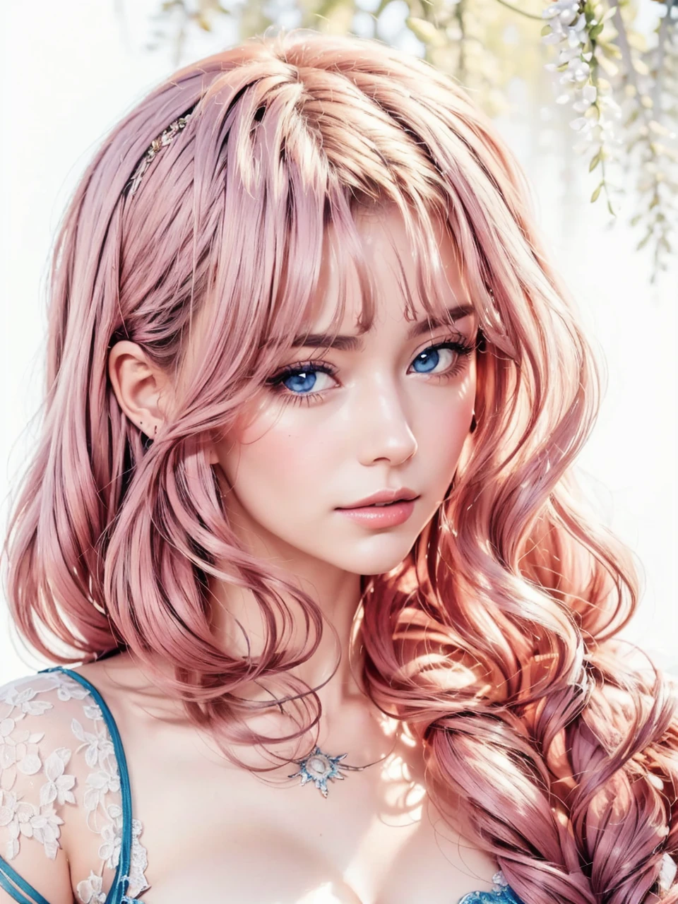 A stunningly lifelike portrait captures a 26-year-old girl with pink hair, light blue eyes and beautiful European features. Smile