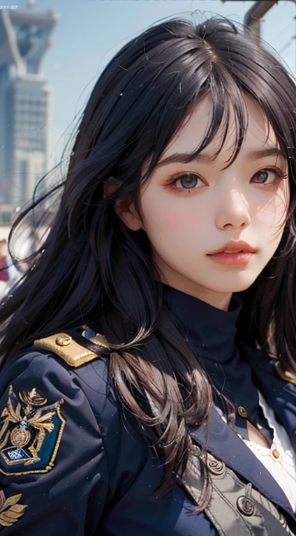 (UHigh resolution, retina, masterpiece, Accurate, Anatomically correct, Textured skin, Super detailed, Attention to detail, high quality, 最high quality, High resolution, 1080P, High resolution, 4K, 8K, 16K), (美しいAttention to detail目, Beautiful lip detail, Highly detailed eyes and face), Studio Lighting, Physically Based Rendering, Vibrant colors, (Large Breasts, Glamorous Body), (Royal Blue Color, navy uniform coat, class seal:1.5), (hunting:1.2), Business shirts, gloves, (Portraiture, Shiny Hair, Shiny skin, blush, Hair blowing in the wind), (Simple Background, Bokeh:1.5), Eye Reflexes, Jet Black Hair,