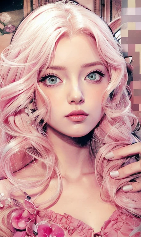 young woman pale skin, long bubblegum pink hair, pink eyebrows, big jade green eyes, buttoned nose, peach lips, small breasts, wide forehead, flower and butterfly kimono, Sakura Haruno, realistic, 3d
