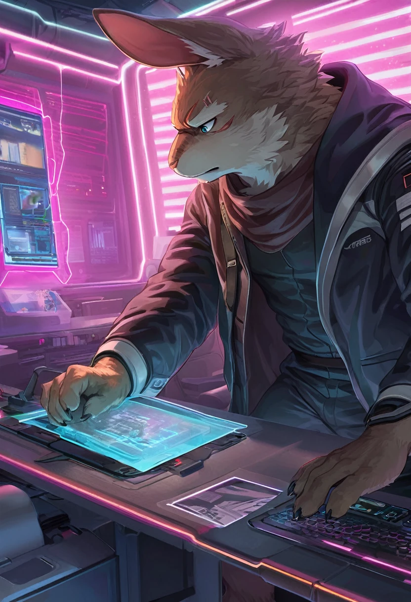 ((Masterpiece)), ((Best Quality)), (Very Detailed), ((Very Detailed)), 4K, (8K), very aesthetic, absurdres highres, 1 man, anthropomorphic rabbit, furry, kemono, Inside a high-tech office, an intimidating man with cybernetic prosthetics poses aggressively, wearing a metallic combat suit and dark coat. He has a deep scar on his face and a holographic display floating in his hand. Hologram ads and neon lights shine in the background, along with sophisticated office machinery.