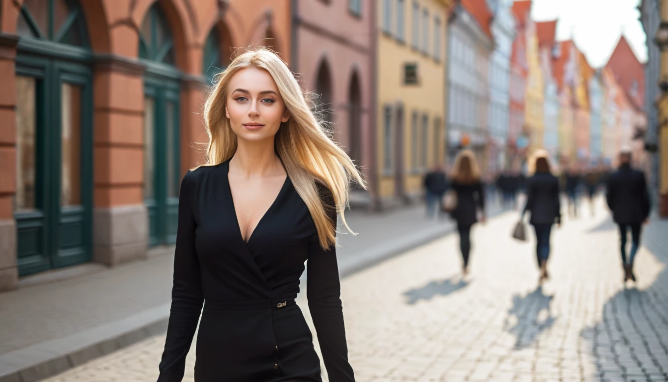 please, create one blonde woman, long hair, dressing one nice black outfit very confident. walking in street of one nice day, in Gdansk, Poland, with perfetc hands. (best quality, highres, ultra-detailed), (realistic, photo-realistic:1.37), portraits, urban scenery, soft and vibrant colors, natural lighting.
