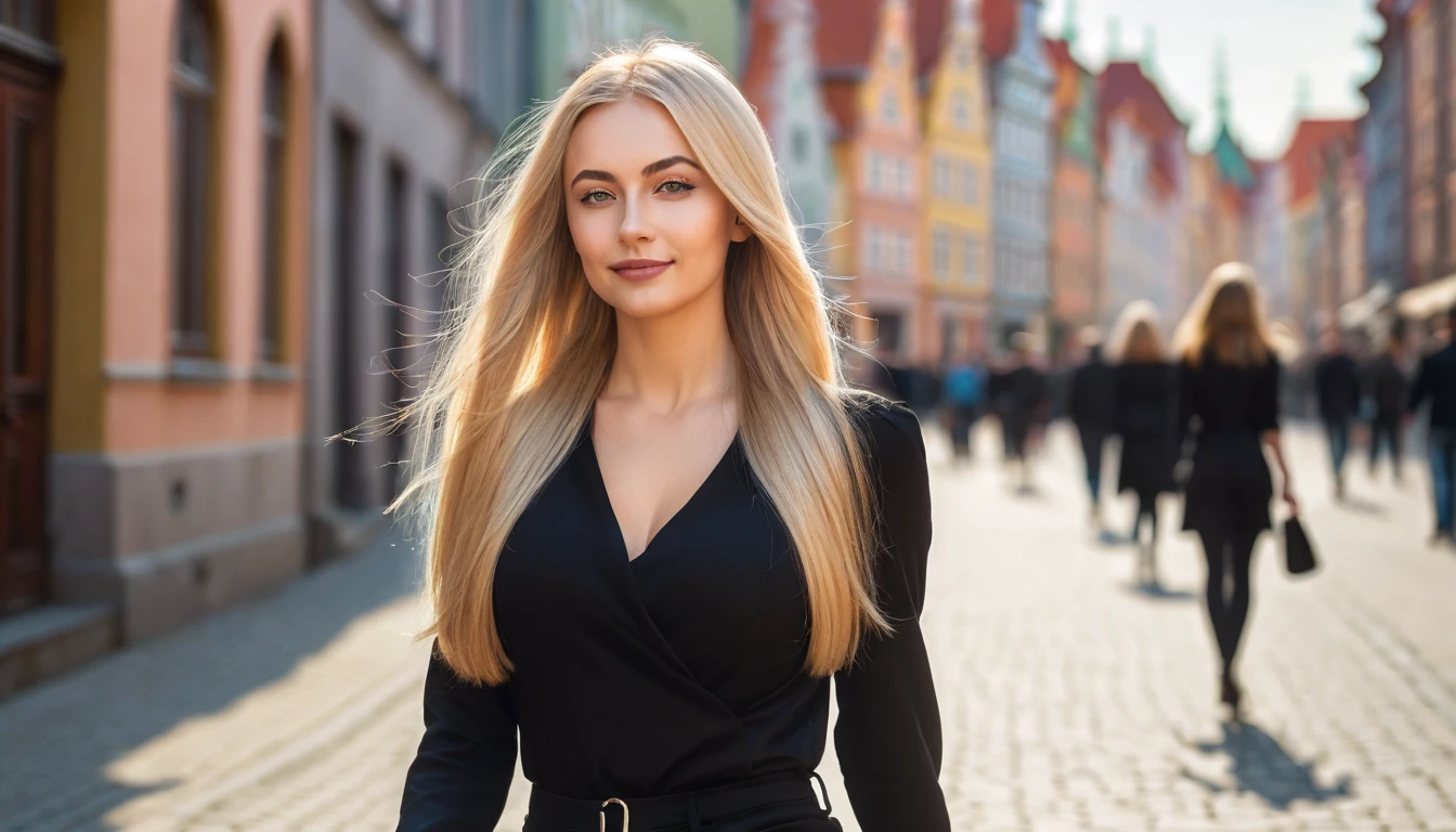please, create one blonde woman, long hair, dressing one nice black outfit very confident. walking in street of one nice day, in Gdansk, Poland, with perfetc hands. (best quality, highres, ultra-detailed), (realistic, photo-realistic:1.37), portraits, urban scenery, soft and vibrant colors, natural lighting.