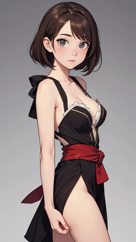 (((masterpiece, best quality, ultra highres, 1 girl, solo, no background))), super detailed skin and face and eyes and finger, beautiful japanese woman, small breasts:1.5, skinny, light brown hair, white background, very short hair, (an illustration of girl), Knee shot, Generate with illustrations, Various expressions, Various poses, Various Costumes,