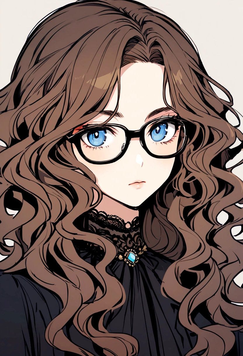 A brunette girl with medium long wavy hair, blue eyes and large black glasses.