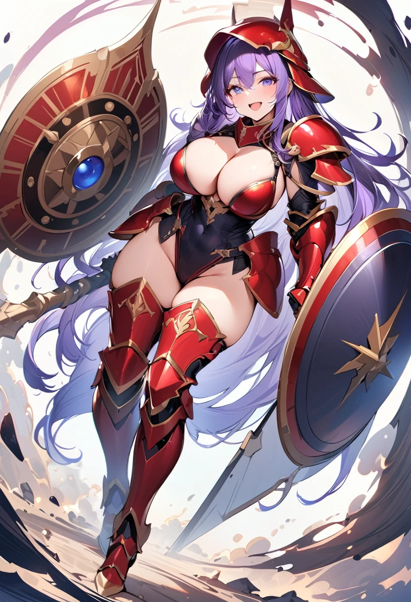 (masterpiece:1.2), (highest quality:1.2), 1girl, solo, purple-hair, long-hair, shield, breasts, weapon, armor, cleavage, large-breasts, polearm, helmet, open-mouth, lance, smile, boots, purple-eyes, gauntlets, very-long-hair, thighhighs, blue-eyes, full-body, red-armor, looking-at-viewer, :d, blush, thigh-boots, simple-background, armored-boots, spear