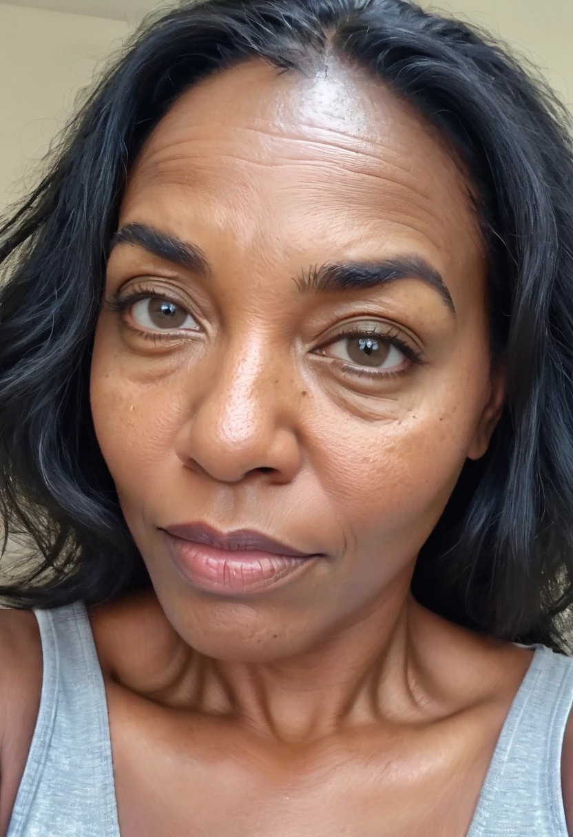 Black woman 45 years old, messy black hair, with open pores, wrinkles, natural eyes, big face and full lips, bushy eyebrows, is looking straight into the camera, with a welcoming look, , homemade looking photo, no effects and shine, must look like a real person, cell phone selfie photo, must have background image, whether the fourth,