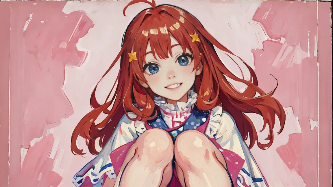 ((best quality)), ((masterpiece)), (detailed), perfect face, 1girl, nakano itsuki, smiling, whimsical, triad color pallette, hugging knees, looking at viewer, pink water droplets, smiling, flat colouring, full body, blank space on the left, fluffy red hair, star hairclips