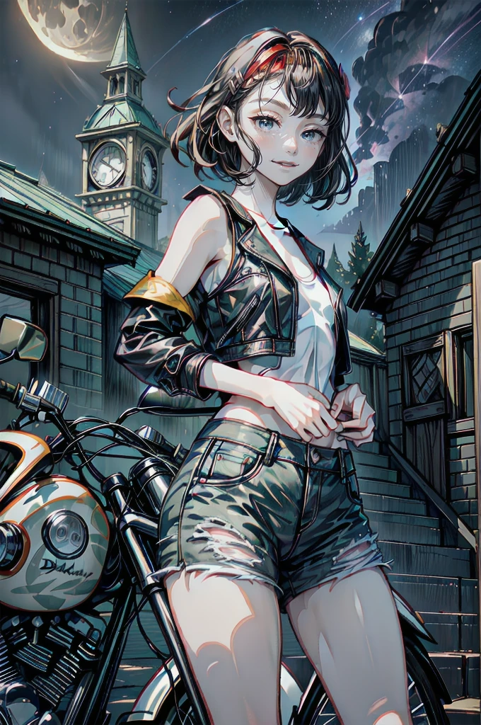(cowboy shot), (Perfect Anatomy, top-quality、The ultra -The high-definition、high resolution、extremely details CG、8K Unit Wallpapers), mature 20-year-old, solo, Beautiful detailed eyes, black hair, short bob hair, blunt bang, (small breasts, slender body, athletic), gleaming skin, oily skin,( punk fashion, leather jacket, tank top、micro shorts), (drive a motorcycle,Harley-Davidson), on road at night, Starry Sky with Mountains and Lake, Jessica Rossier, Inspired by Jessica Rossier, Jessica Rossier Fantasy Art, Concept Art Magic Highlights, Official Artwork, Dream Painting, Ethereal Realm, Atmospheric artwork, dreamy matte paintings, serene endless stars inspired by Ted Nasmith, moonlit starry environments, epic music album covers.