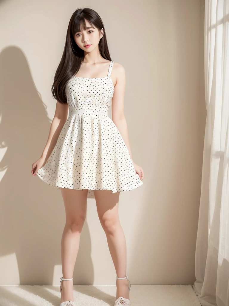 White Room、Polka dot dress 、Standing posture、(Highest quality)), (Very detailed), ((Very detailed)), 4K, (8K), Highest quality, One person,Kind Face、Soft Light、RAW quality、Soft Skin、Heel、Thighs、163cm