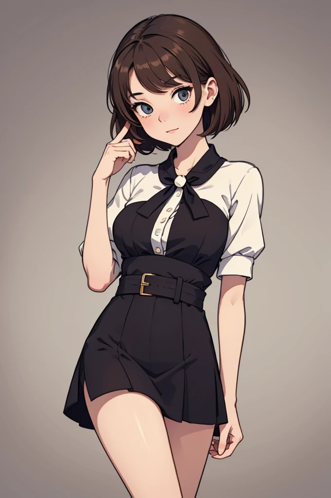 (((masterpiece, best quality, ultra highres, 1 girl, solo, no background))), super detailed skin and face and eyes and finger, beautiful japanese woman, small breasts:1.5, skinny, light brown hair, white background, very short hair, (an illustration of girl), Knee shot, Generate with illustrations, Various expressions, Various poses, Various Costumes, Please draw the entire character within the frame, ensuring that the head, arms, and legs are not cut off. The background should be simple, with the character positioned centrally,