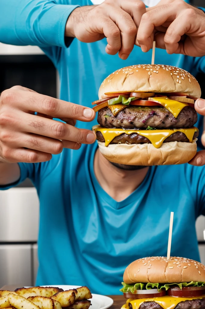 Man shows his burger with one hand