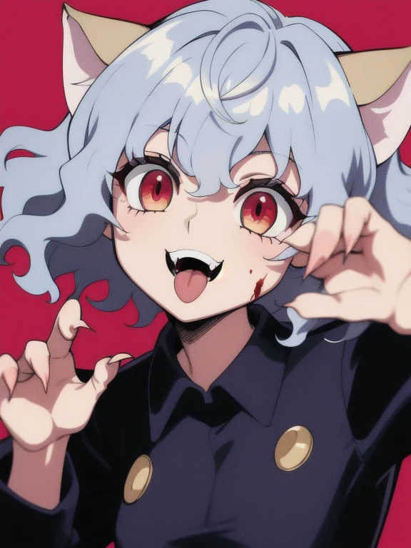 1girl, impitou, blue shirt, buttons, long sleeves, curly hair, red eyes, upper body, close-up, open mouth, fangs, tongue out, :D, looking at viewer, claw pose, sharp fingernails, blood on face, blood,