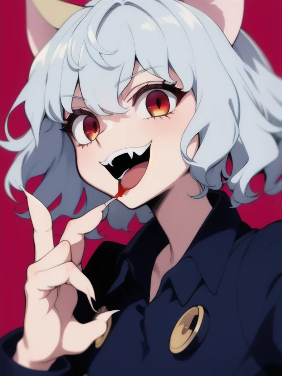 1girl, impitou, blue shirt, buttons, long sleeves, curly hair, red eyes, upper body, close-up, open mouth, fangs, tongue out, :D, looking at viewer, claw pose, sharp fingernails, blood on face, blood,