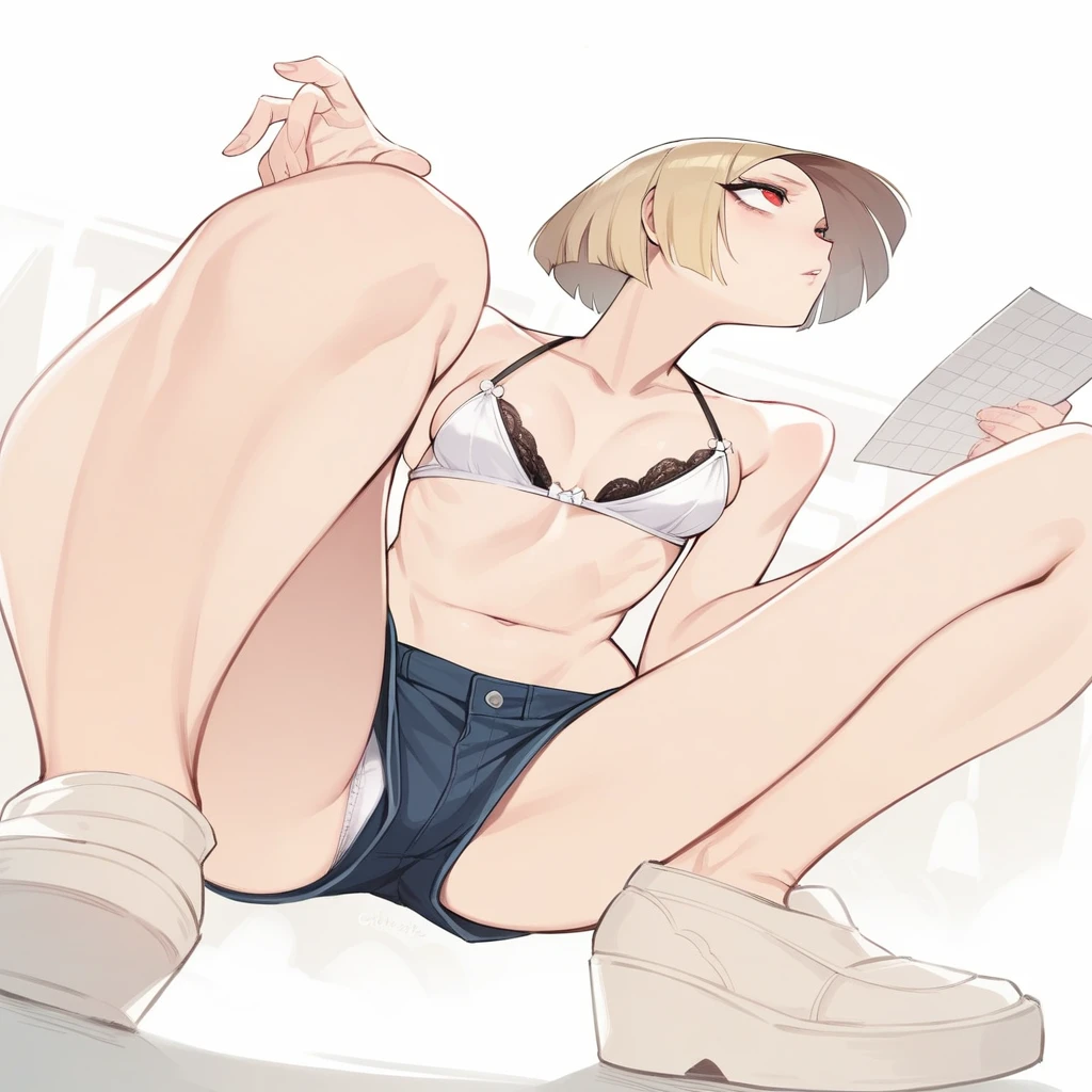 Absurd, High resolution, Super detailed, beautiful, masterpiece, Highest quality,Blonde,Smooth Hair,Bobcut,The front hair is neatly aligned,Tanned, healthy chocolate skin tone,Perfect proportions,A body without failure,White panties are visible through the hot pants,Provocative look,Nipples are erect,Crimson Eyes,Your eyes are moist and sparkling,Eyes are drawn in detail,Perfect lighting,Composition looking up from the ground,Must be at least one person,,Japanese,woman,high school student