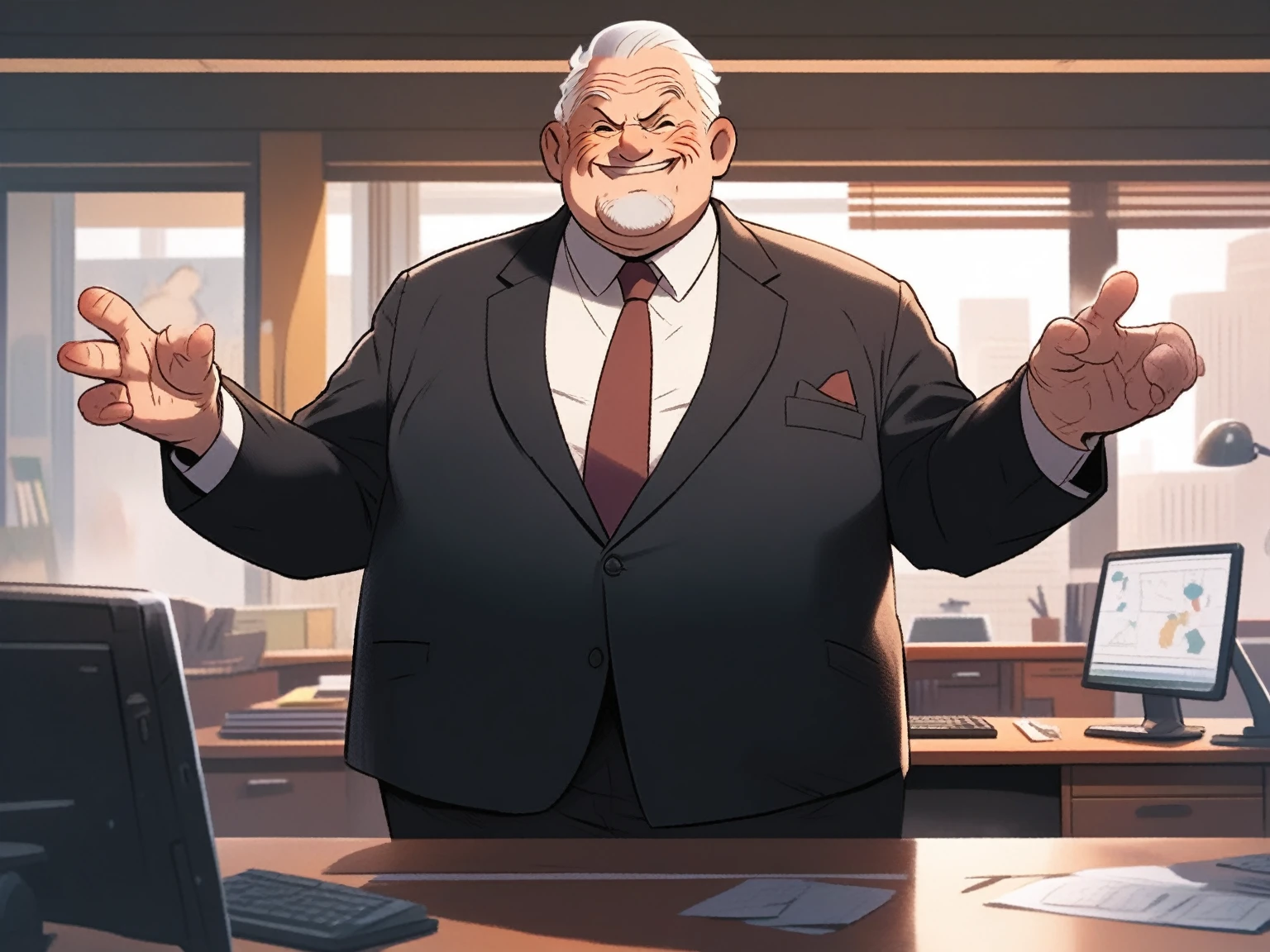children's picture books,crayon paintings, blushes, 1 old man, fat, mafia boss, 45 years old, black expensive suite, white short hair, tattos, opening his hand wide welcoming, standing near his desk , happy in his office