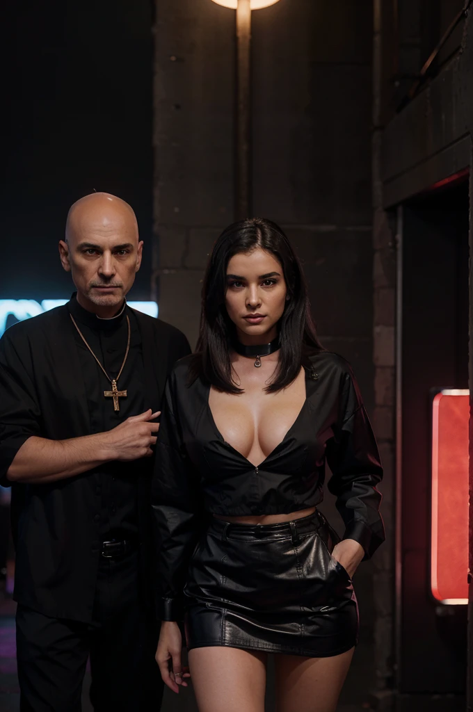 Create an image featuring a bald priest in his late 50s, tall and slim, wearing traditional black priest attire, including a clerical collar. He stands in front of a nightclub, characterized by vibrant neon lights and a bustling urban backdrop. Beside him is a 25-year-old woman who is a hooker. She has long, straight dark hair and is dressed in a provocative and stylish outfit, featuring a short skirt and a low-cut blouse, her blouse has a provocative neckline that highlights her youthful appearance. The scene captures a contrast between the solemnity of the priest and the lively, colorful nightclub setting. Both characters are facing the viewer, with the priest displaying a contemplative expression while the woman smiles subtly, suggesting a complex and intriguing interaction.