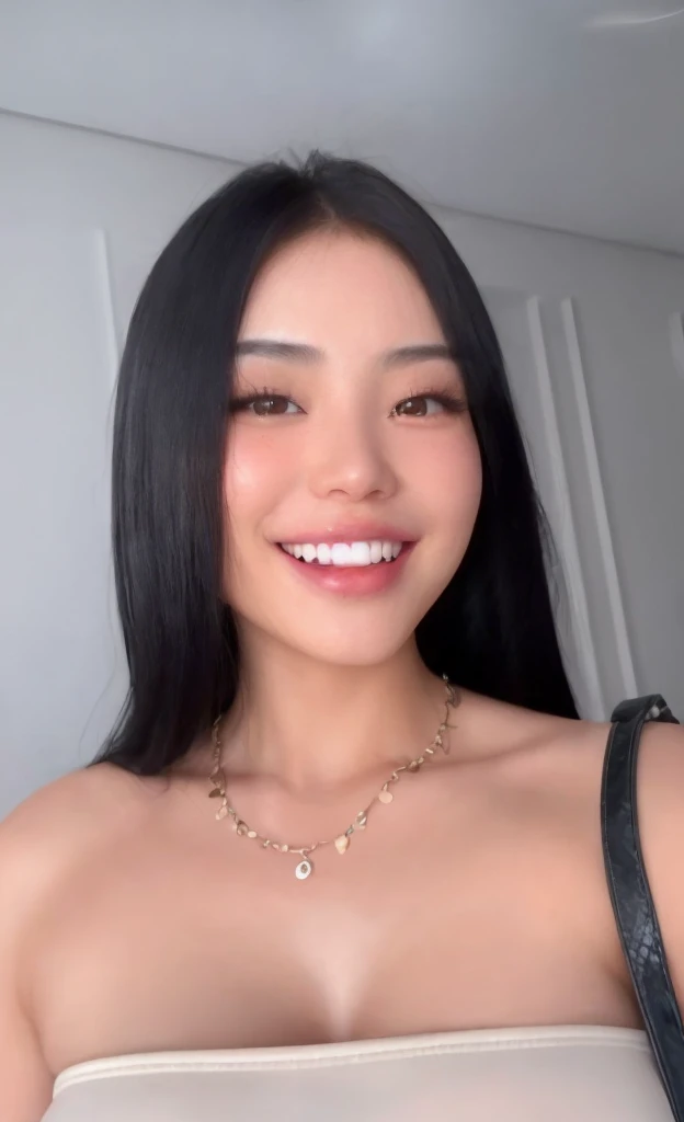 Asian, korean, voluminous breasts, fleshy lips, Bblack hair, Grinning