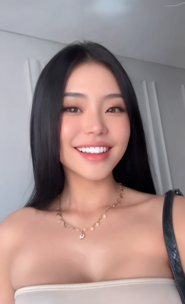 Asian, korean, voluminous breasts, fleshy lips, Bblack hair, Grinning