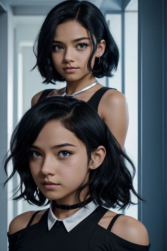 Screenshot Boku no Hero Academia. young woman. (clear skin). Hair (negro), Hair (short wavy shoulder length), Eyes color (blue).
beautiful and attractive. he would be(the expression you want it to have), wear tight black top with half moon collar.personal room