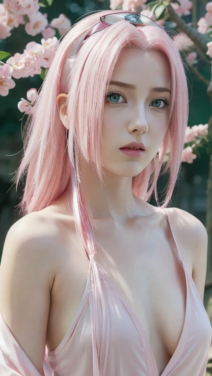 young woman pale skin, long bubblegum pink hair, pink eyebrows, big jade green eyes, buttoned nose, peach lips, small breasts, wide forehead, kimono of flowers and butterflies, Sakura Haruno, realist, 3D