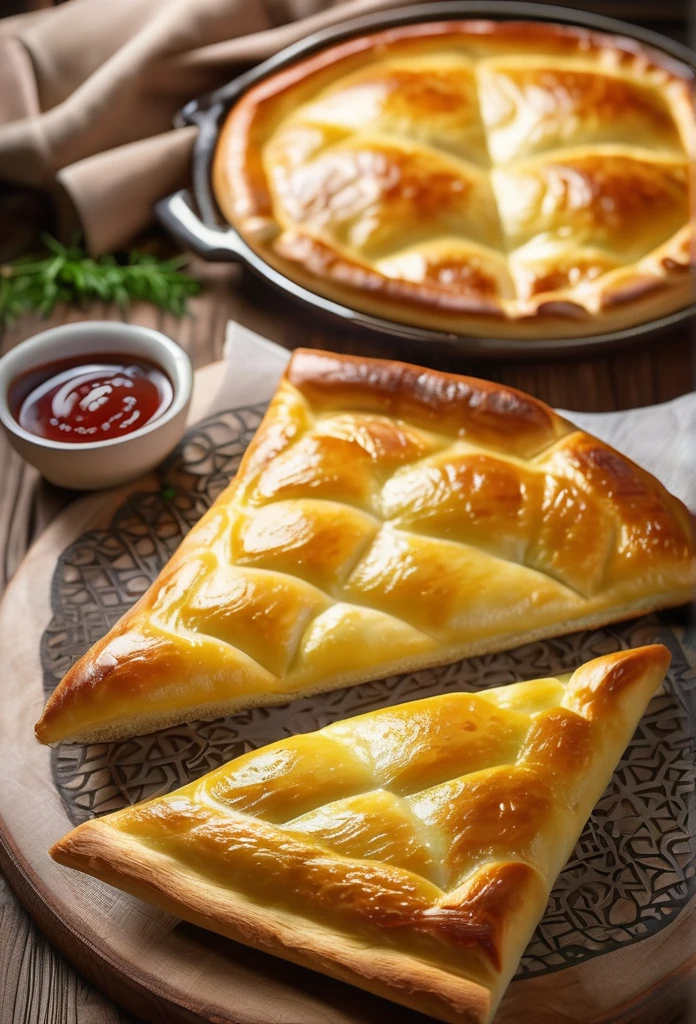 a delicious khachapuri with meat, golden brown crust, gooey cheese filling, tender meat, steaming hot, fresh from the oven, artisanal georgian bakery, intricate patterns, mouth-watering, detailed food photography, appetizing, high quality, photorealistic