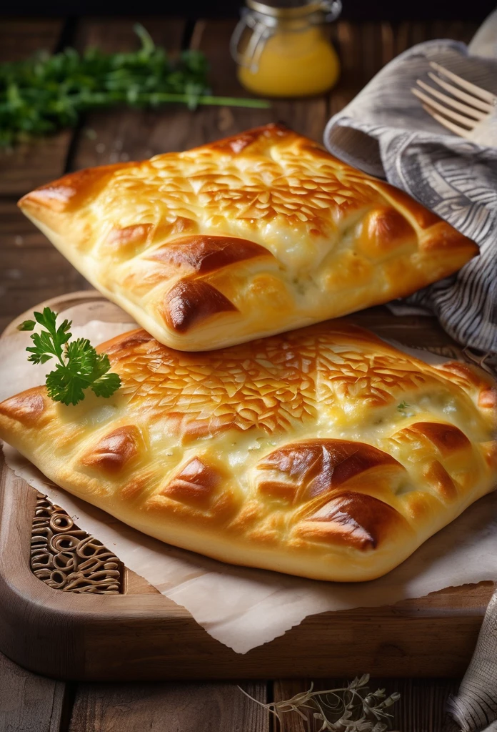 a delicious khachapuri with meat, golden brown crust, gooey cheese filling, tender meat, steaming hot, fresh from the oven, artisanal georgian bakery, intricate patterns, mouth-watering, detailed food photography, appetizing, high quality, photorealistic
