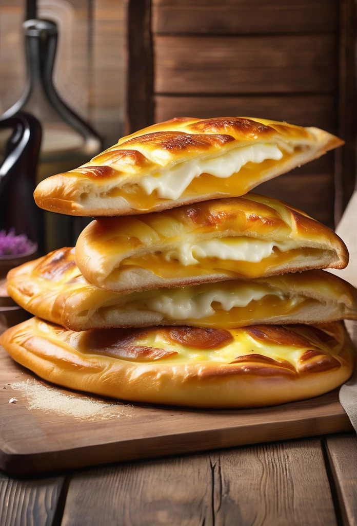 a delicious khachapuri with meat, golden brown crust, gooey cheese filling, tender meat, steaming hot, fresh from the oven, artisanal georgian bakery, intricate patterns, mouth-watering, detailed food photography, appetizing, high quality, photorealistic