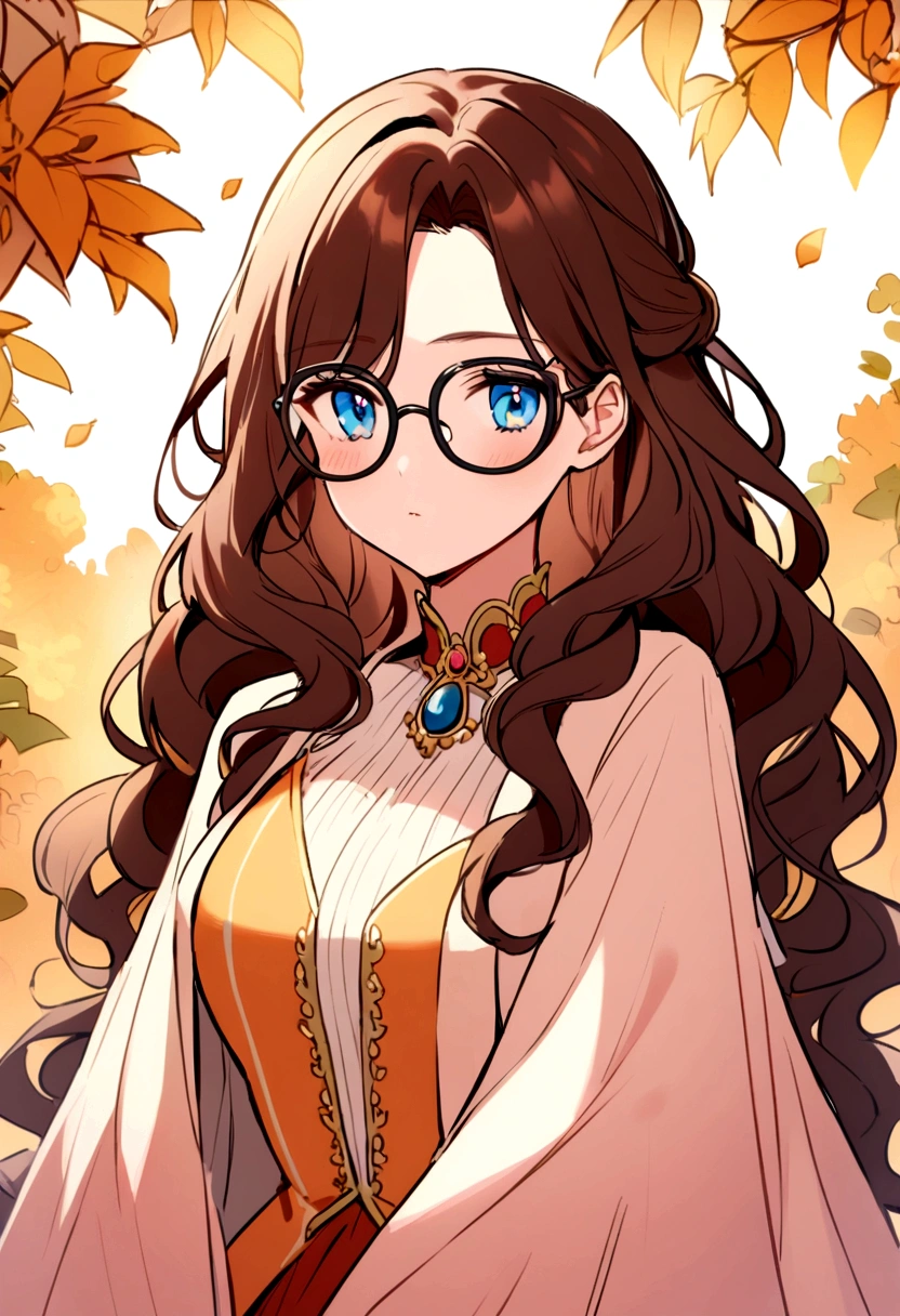 A brunette girl with medium long wavy hair, blue eyes and large black glasses.