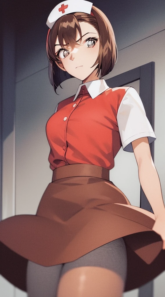 ((masterpiece)), (8K, expensive_solve), (clear_image), ((One Girl, solo)), (Highest quality), (meitantei conan\(style\), meitantei conan), solo, Beautiful eyes and a beautiful face, Cowboy Shot ,((One Girl, solo)), huge , (short hair, hair band, amount), ((Nurse attire))、(mini skirt)、((Light brown pantyhose))、(amountを突き出す)、((Brown Hair))、Bedroom、White panties through pantyhose